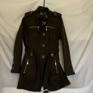 Chic Dark Brown Trench Coat with Silver Accents